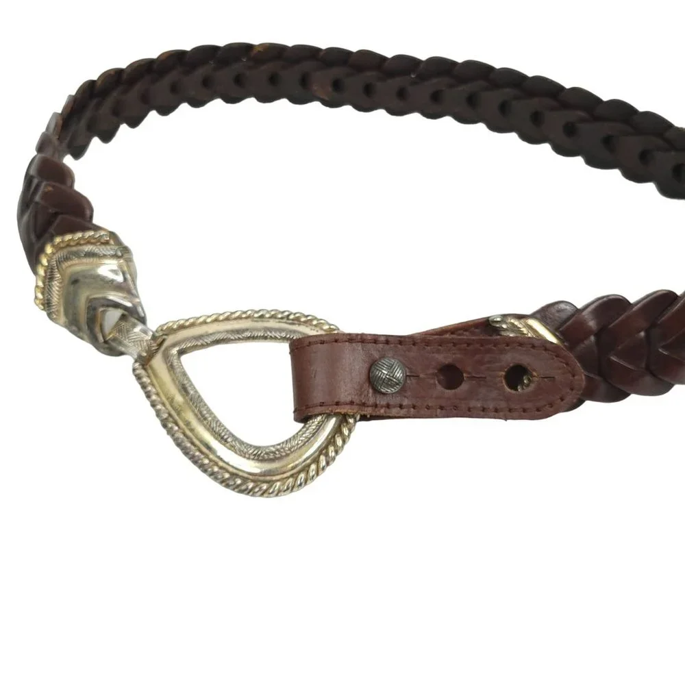 Braided Brown Leather Belt Vintage R.O.C. Womens Sz S Western Silver Tone Buckle